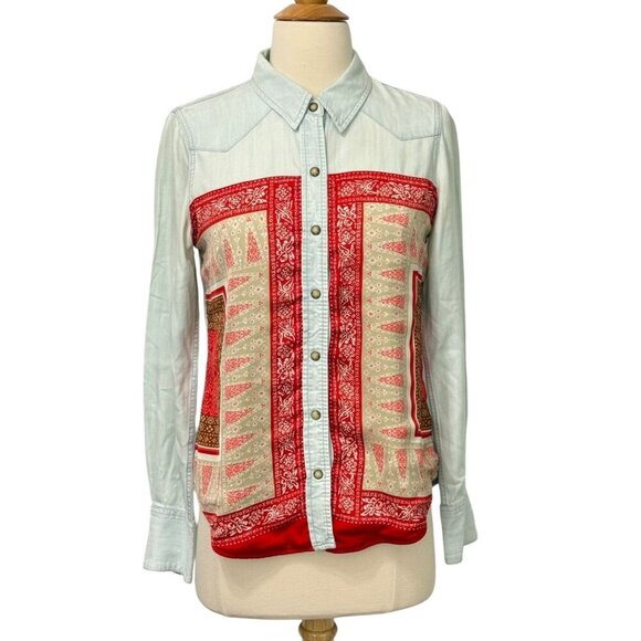 Lucky Brand Dixie Bandana Western Shirt Chambray Snap Front Lyocell Poly Size S - Picture 1 of 8